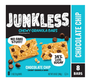 JUNKLESS Chewy Chocolate Chip Granola Snack Bars, 1.1 oz, 8 Count